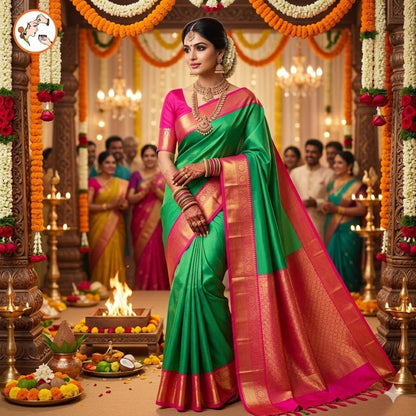 Peacock Green with Pink border Vairoosi stripes Kanchipuram Semi Silk Saree