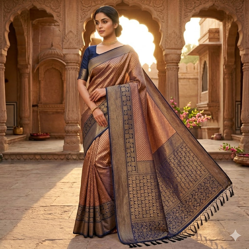 Metallic Brown with Dark Blue Fancy border Brocade Pattern Soft Silk Saree