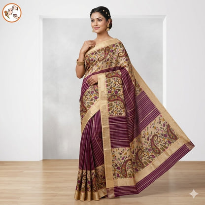 Cream & Purple designer semi Mysore Silk Saree