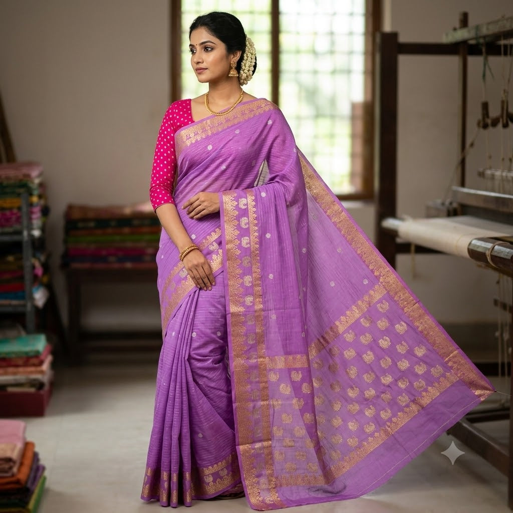 Lavender stripes body & peacock border Soft Viscose Fancy Silk Saree with Dark Pink Contrast blouse