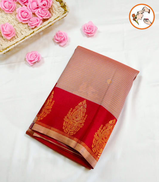 Light Pink & Red Semi Silk Saree with horizontal stripes & fancy border