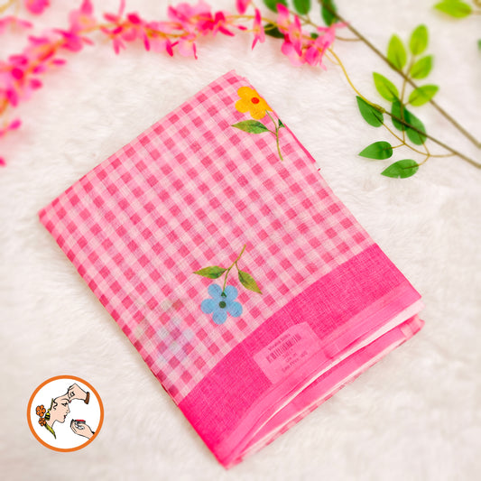 Pink checks pattern Linen Cotton Casual Saree