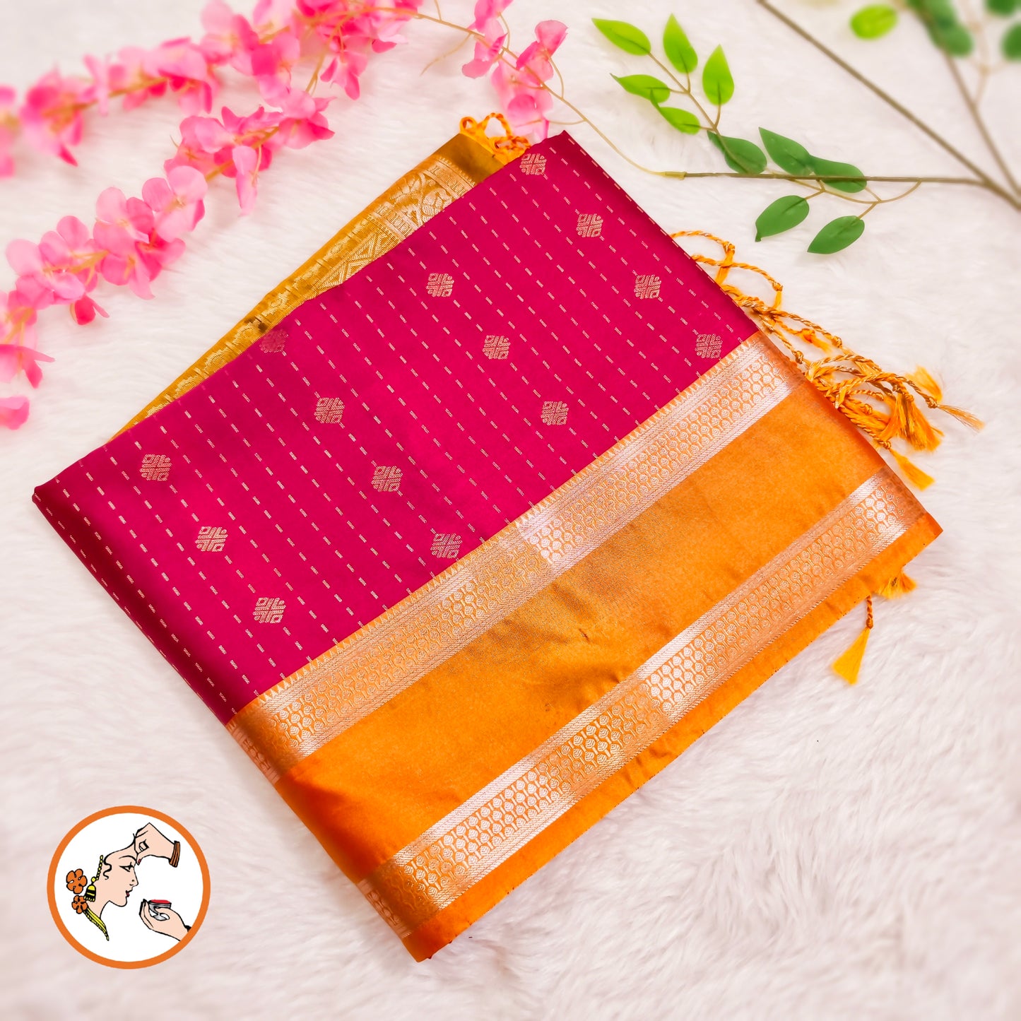 Dark Pink with Mustard Yellow Raindrop design Retta Petta border Semi Soft Silk Saree