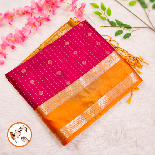 Dark Pink with Mustard Yellow Raindrop design Retta Petta border Semi Soft Silk Saree