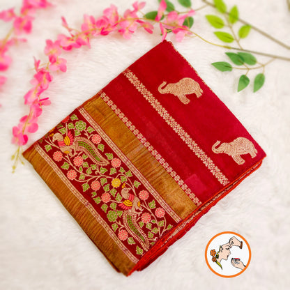 Rust brown elephant motif Peacock Meenakari work Fancy Silk Saree