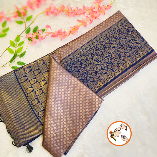 Metallic Brown with Dark Blue Fancy border Brocade Pattern Soft Silk Saree