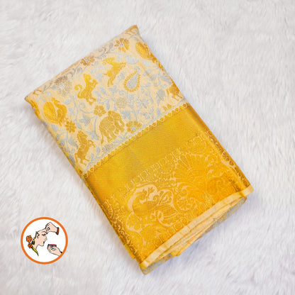 Offwhite Gold zari border intricate Vanasingaram weaving Kanchipuram Mix Silk Saree