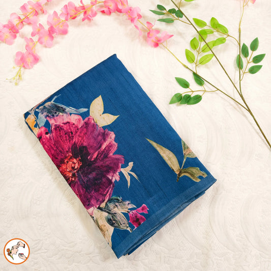 Blue brush paint Floral Tussar Saree Vivahasilks