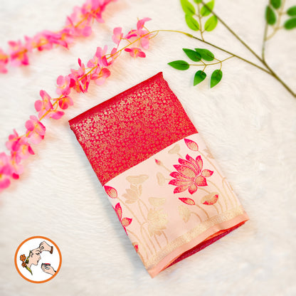 Pink with Off White Lotus border Fancy Semi Silk Saree