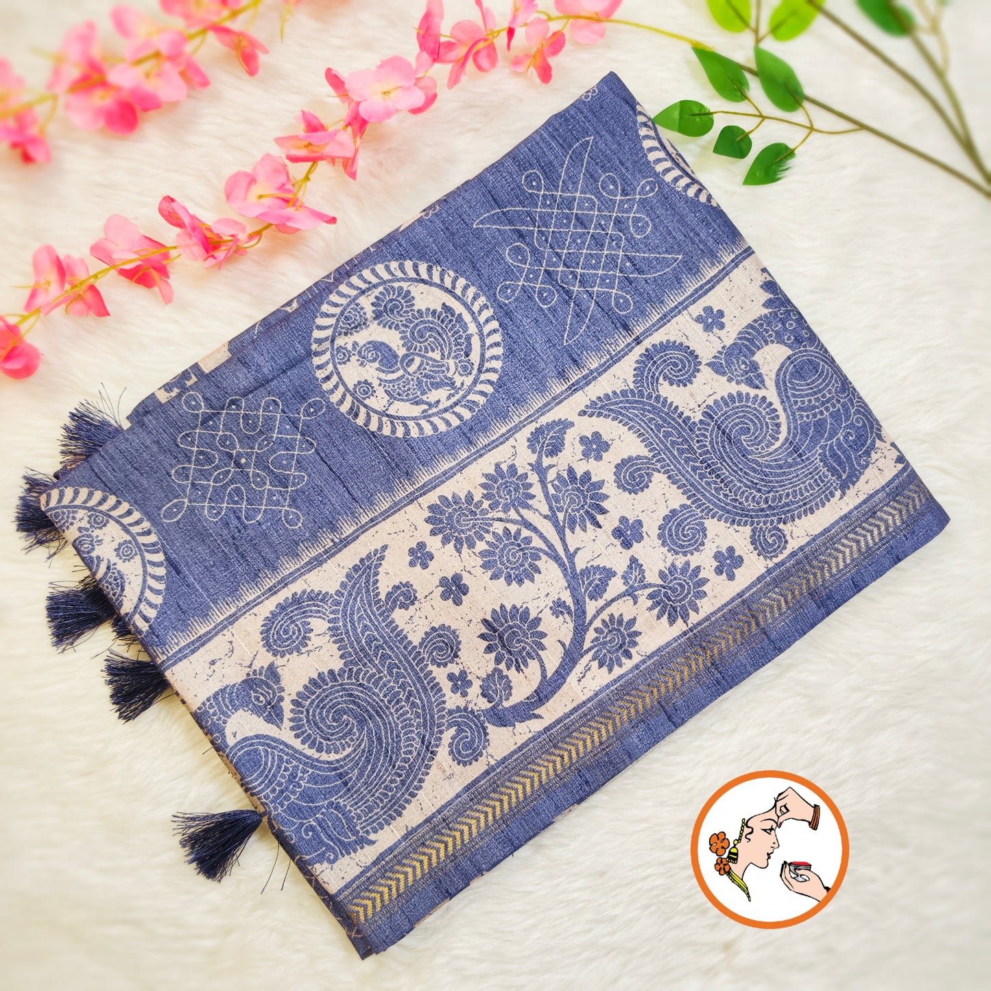 Indigo Blue Kalamkari Tussar Silk Saree with Kolam & Elephant Peacock butta