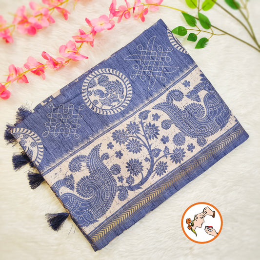 Indigo Blue Kalamkari Tussar Silk Saree with Kolam & Elephant Peacock butta