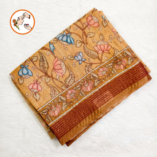 Mustard Yellow colour Chanderi Kantha Embroidary Casual Saree