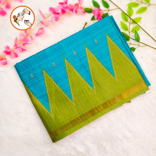 Sky Blue with Green Temple border Dola Silk Casual Saree