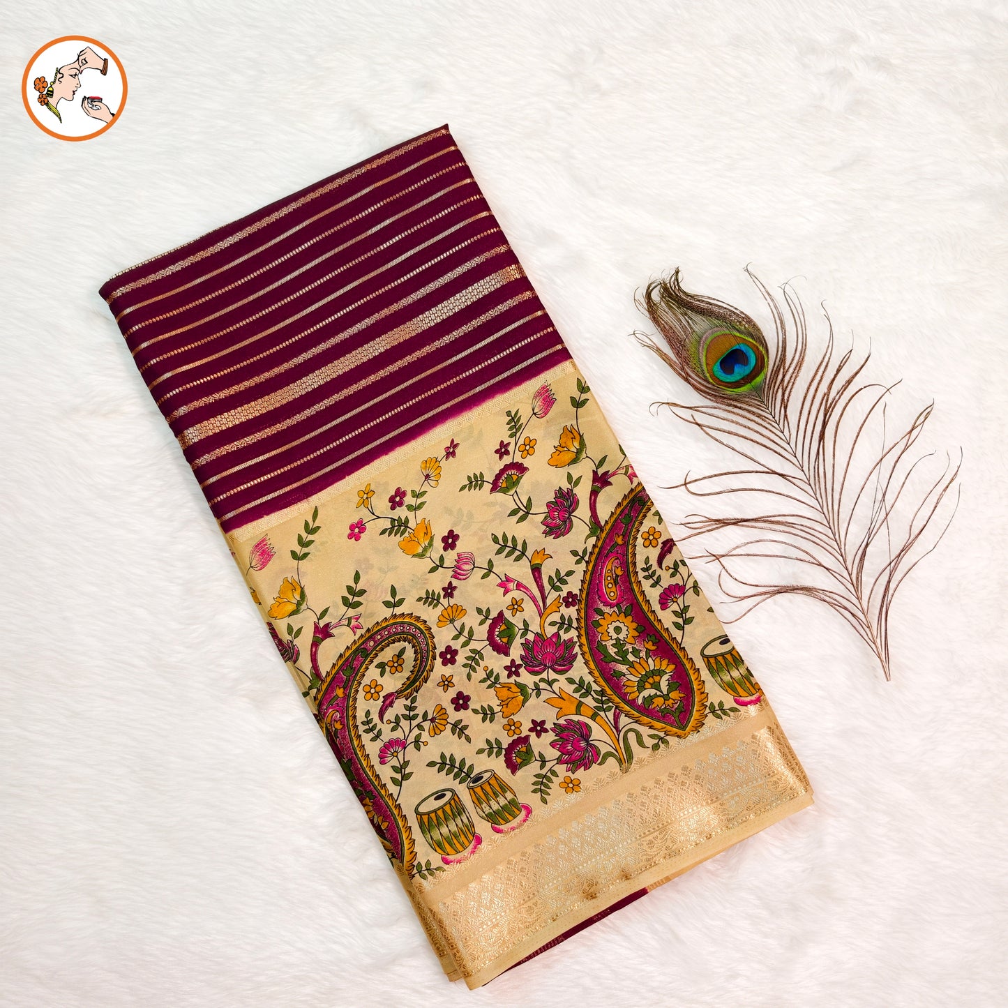 Cream & Purple designer semi Mysore Silk Saree