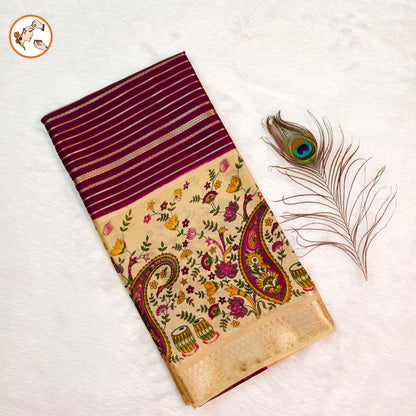 Cream & Purple designer semi Mysore Silk Saree