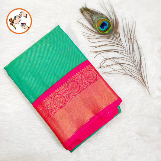 Peacock Green with Pink border Vairoosi stripes Kanchipuram Semi Silk Saree