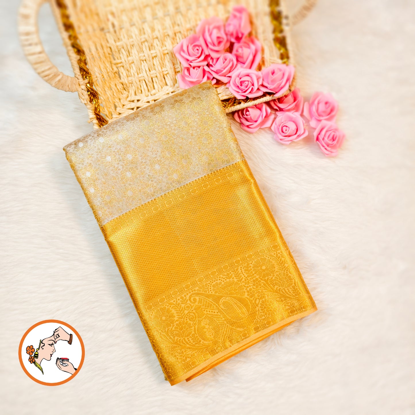 Off White with Gold border Kanchipuram Tissue Silk Saree