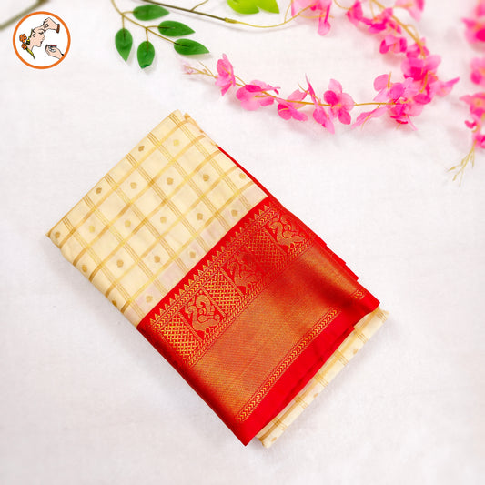 Off white Traditional checks Kanchipuram Semi Silk Saree with Red Peacock border