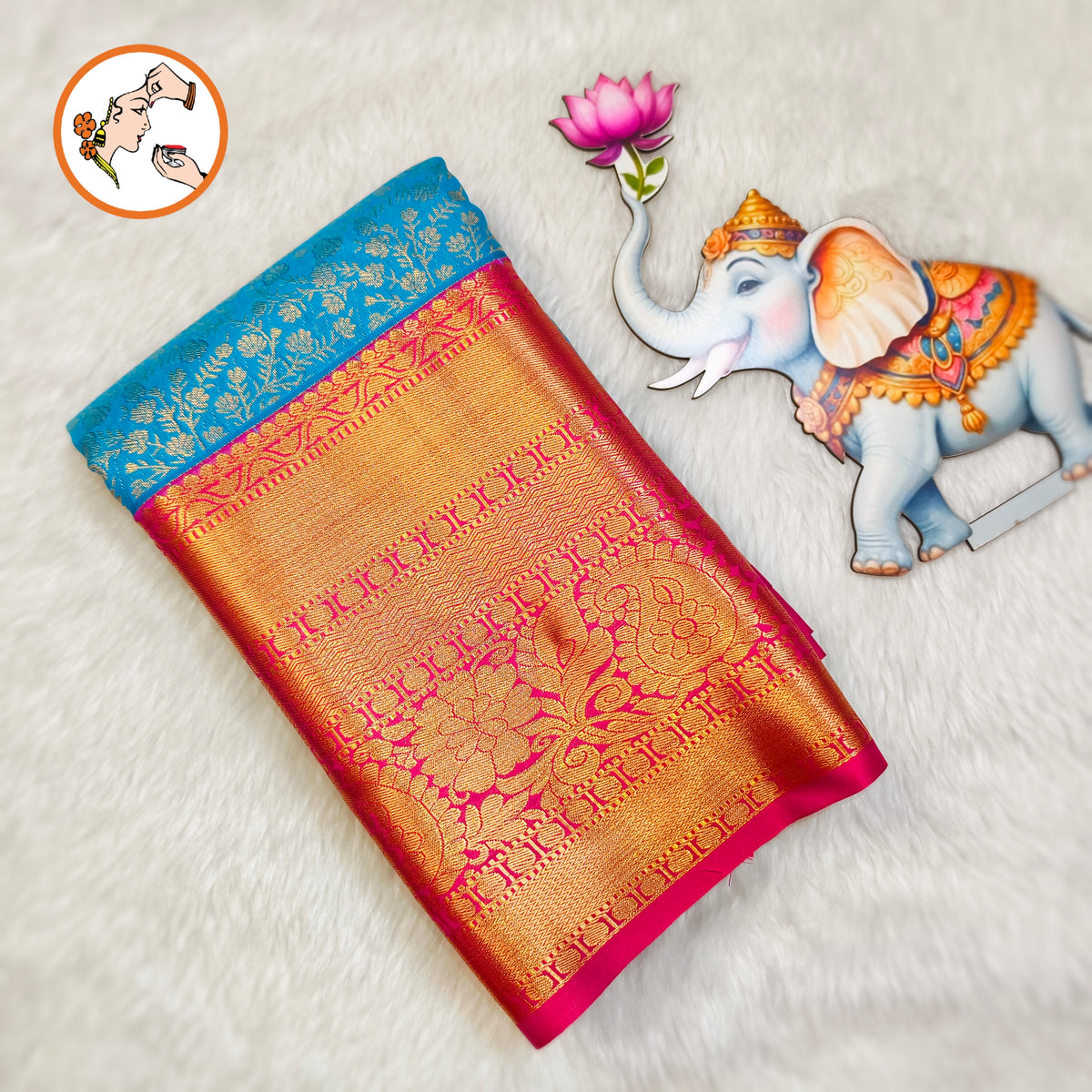 Peacock Blue & Dark Pink border with Gold zari work Traditional Kanchipuram Mix Silk Saree