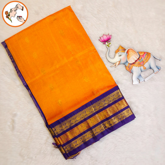 Orange with Blue Vairoosi lines Mango butta Pure Silk Cotton Saree