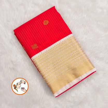 Red with Off white border golden zari vertical stripes & peacock motif Kanchipuram Semi Silk Saree