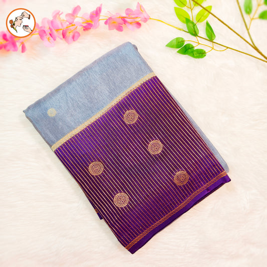 Grey Fancy Soft Silk Saree with Purple vertical stripes border