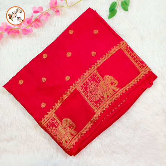 Red Viscose Soft Silk Saree with Elephant border