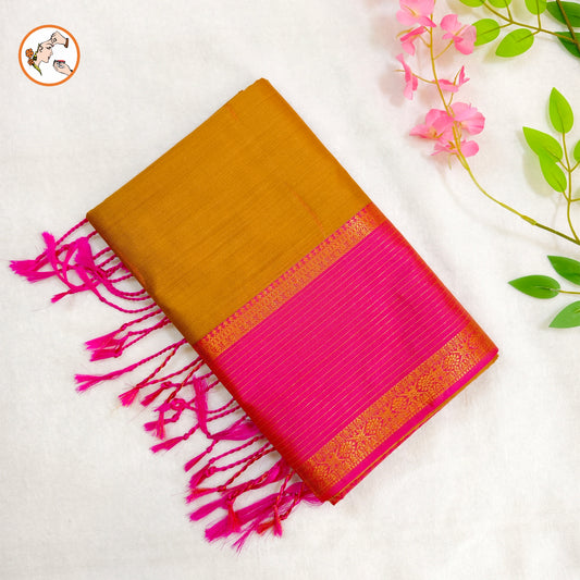 Golden Yellow with Pink Vairoosi border Soft Silk Saree