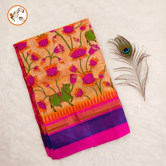 Light Orange with Rani Pink Pure Silk Cotton Saree with beautiful Kalamkari print