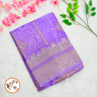 Lavender colour Antique Gold zari work Bridal Pure Russian Satin Silk Saree