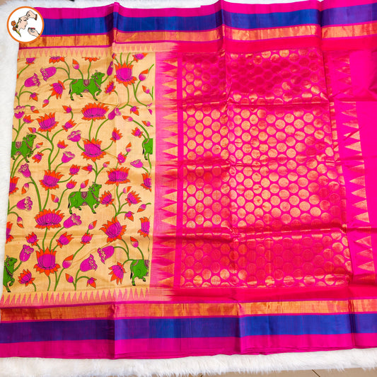 Light Orange with Rani Pink Pure Silk Cotton Saree with beautiful Kalamkari print