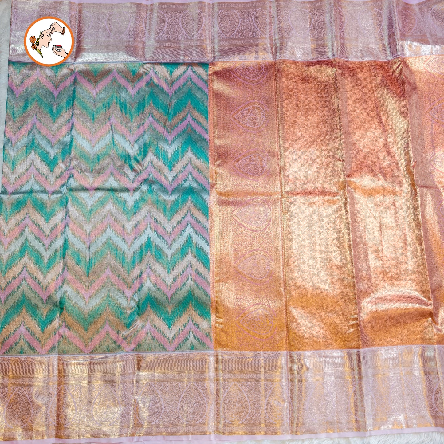 Sky Blue with Pink Zigzag Pattern Kanchipuram Tissue Silk Saree