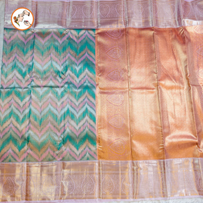 Sky Blue with Pink Zigzag Pattern Kanchipuram Tissue Silk Saree