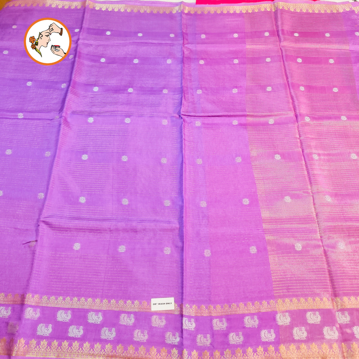 Lavender stripes body & peacock border Soft Viscose Fancy Silk Saree with Dark Pink Contrast blouse