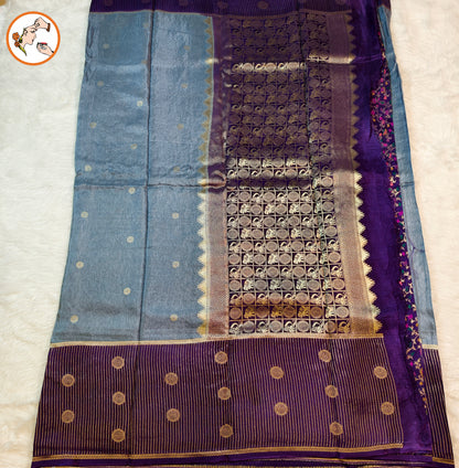 Grey Fancy Soft Silk Saree with Purple vertical stripes border