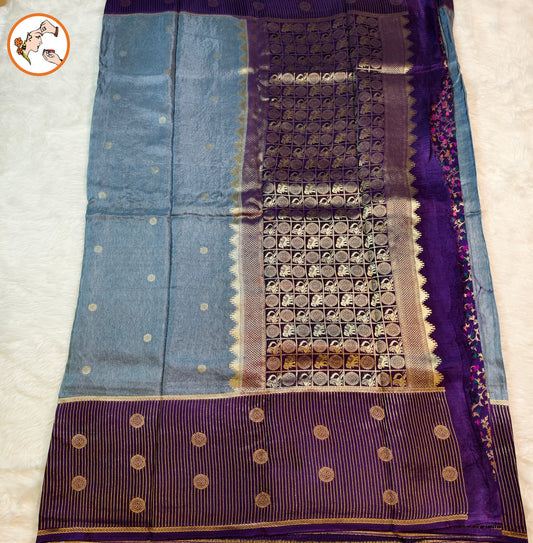 Grey Fancy Soft Silk Saree with Purple vertical stripes border