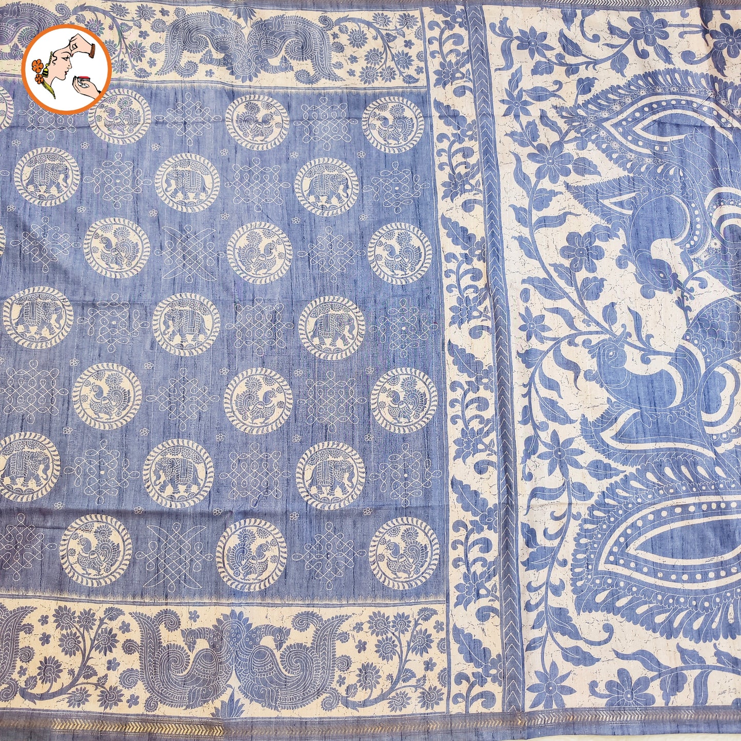 Indigo Blue Kalamkari Tussar Silk Saree with Kolam & Elephant Peacock butta