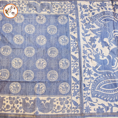 Indigo Blue Kalamkari Tussar Silk Saree with Kolam & Elephant Peacock butta