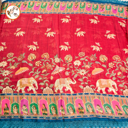 Maroon Rajput painting motif Georgette Saree with lace border