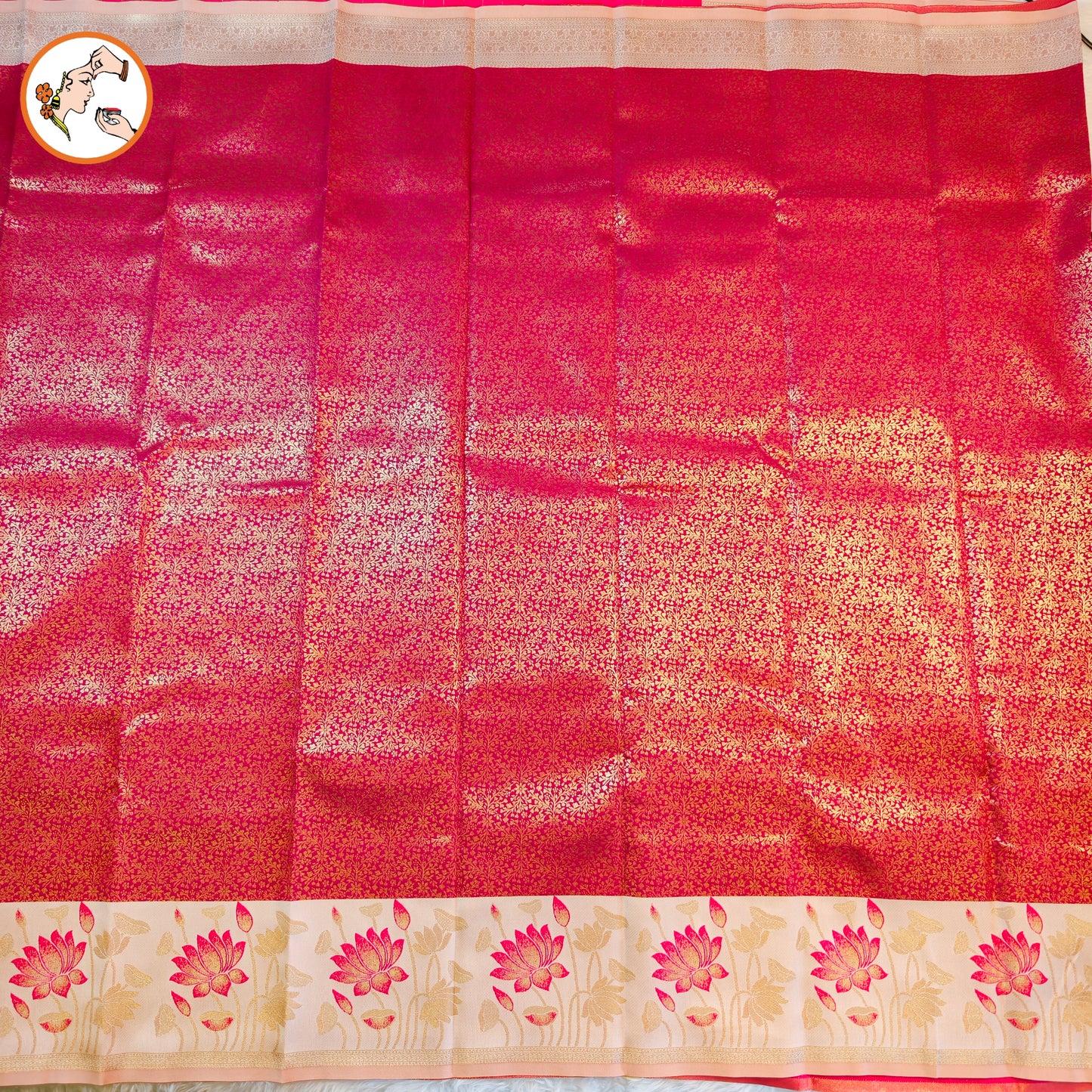 Pink with Off White Lotus border Fancy Semi Silk Saree