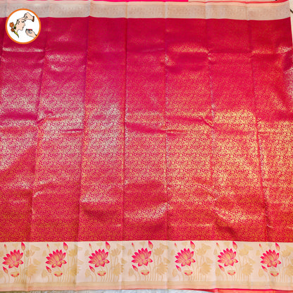 Pink with Off White Lotus border Fancy Semi Silk Saree