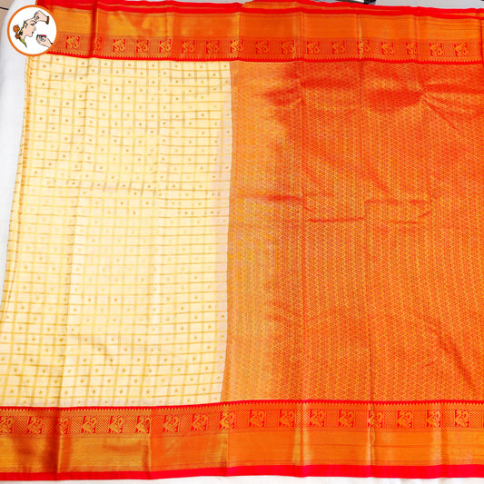 Off white Traditional checks Kanchipuram Semi Silk Saree with Red Peacock border