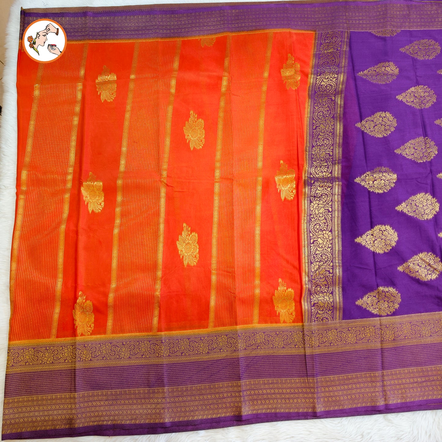 Orange with Purple border Fancy Georgette Saree