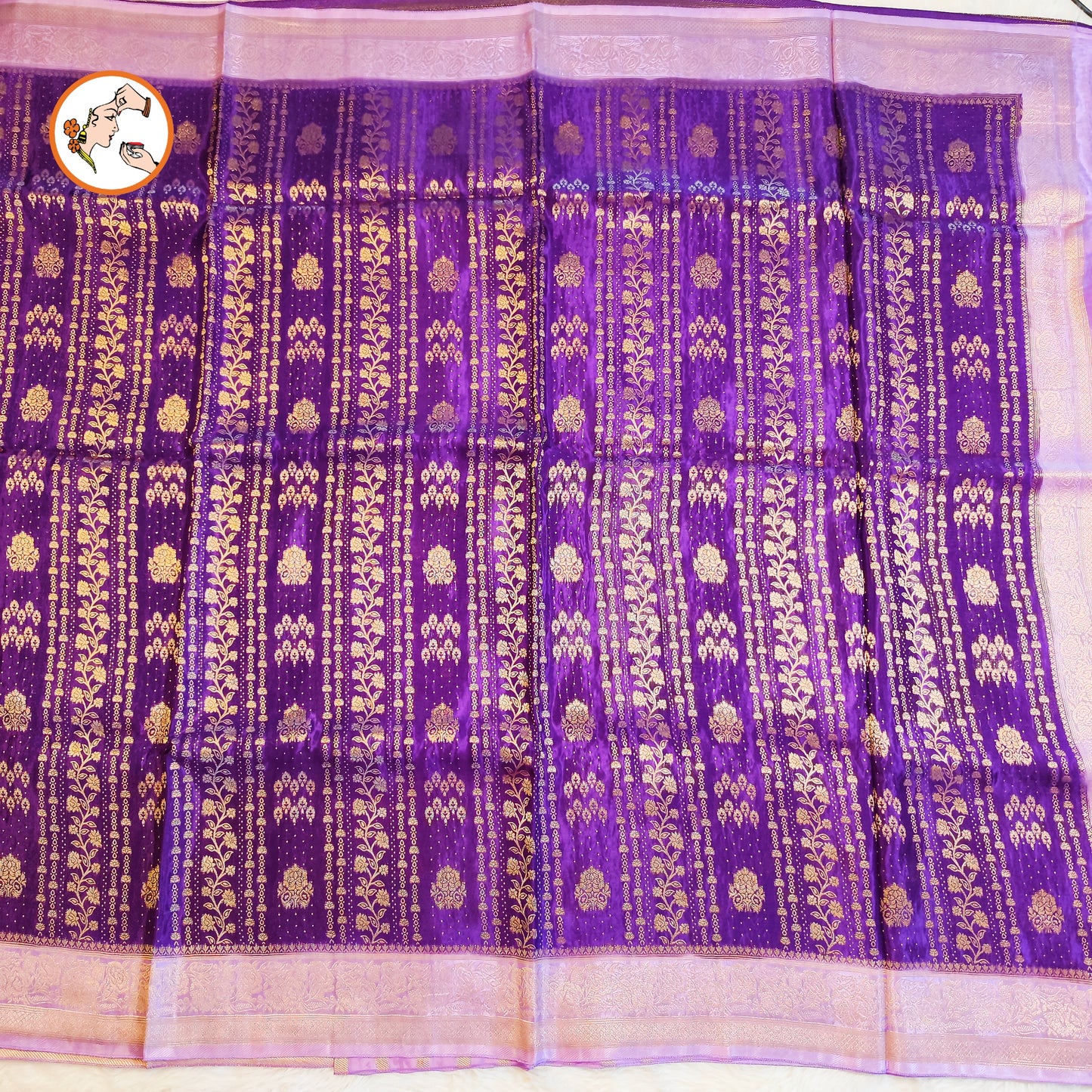 Purple with Baby Pink border Rich Gold zari work Georgette Silk Fancy Saree