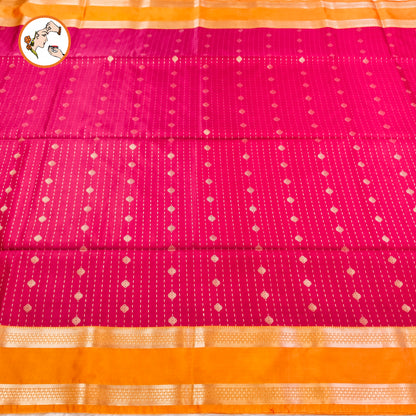 Dark Pink with Mustard Yellow Raindrop design Retta Petta border Semi Soft Silk Saree