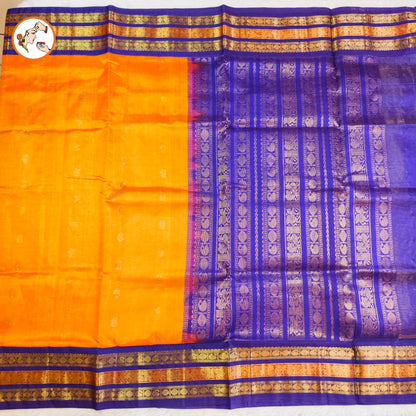Orange with Blue Vairoosi lines Mango butta Pure Silk Cotton Saree