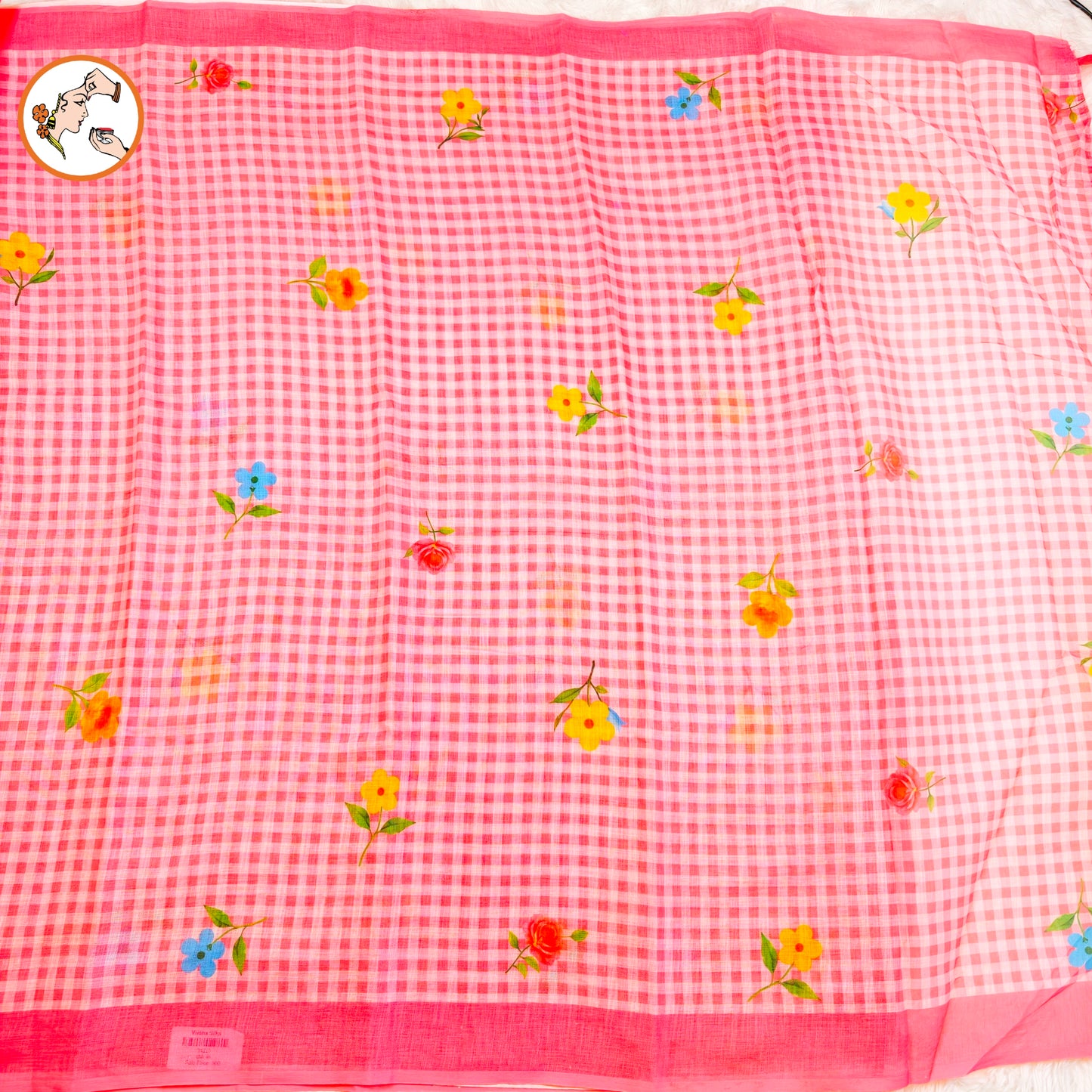 Pink checks pattern Linen Cotton Casual Saree