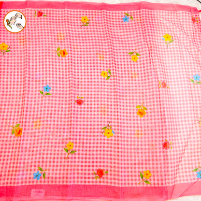 Pink checks pattern Linen Cotton Casual Saree