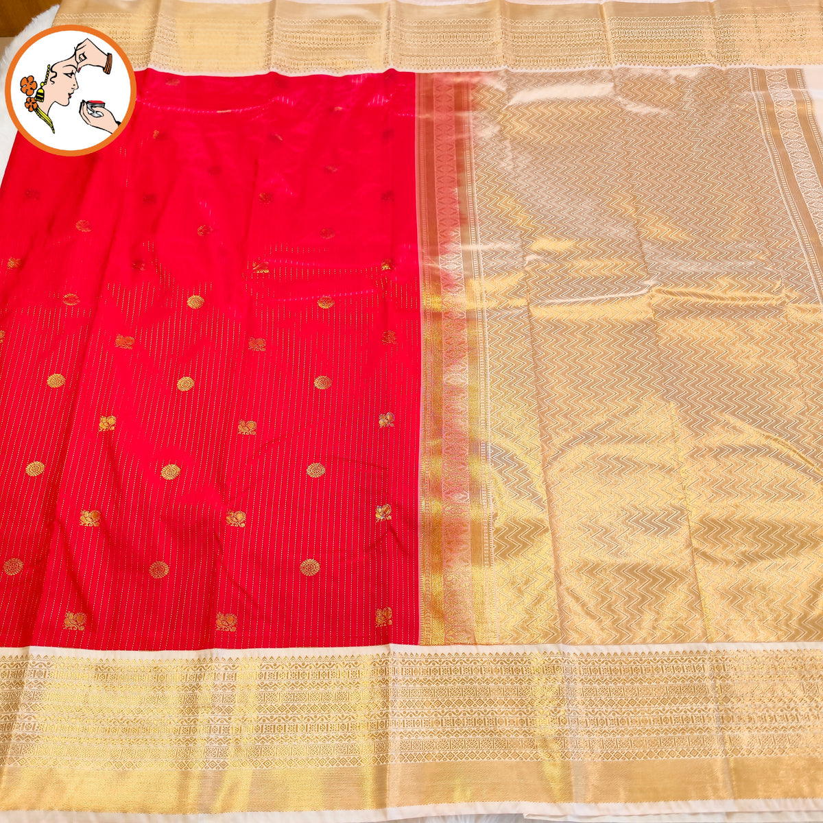 Red with Off white border golden zari vertical stripes & peacock motif Kanchipuram Semi Silk Saree