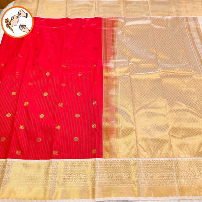 Red with Off white border golden zari vertical stripes & peacock motif Kanchipuram Semi Silk Saree